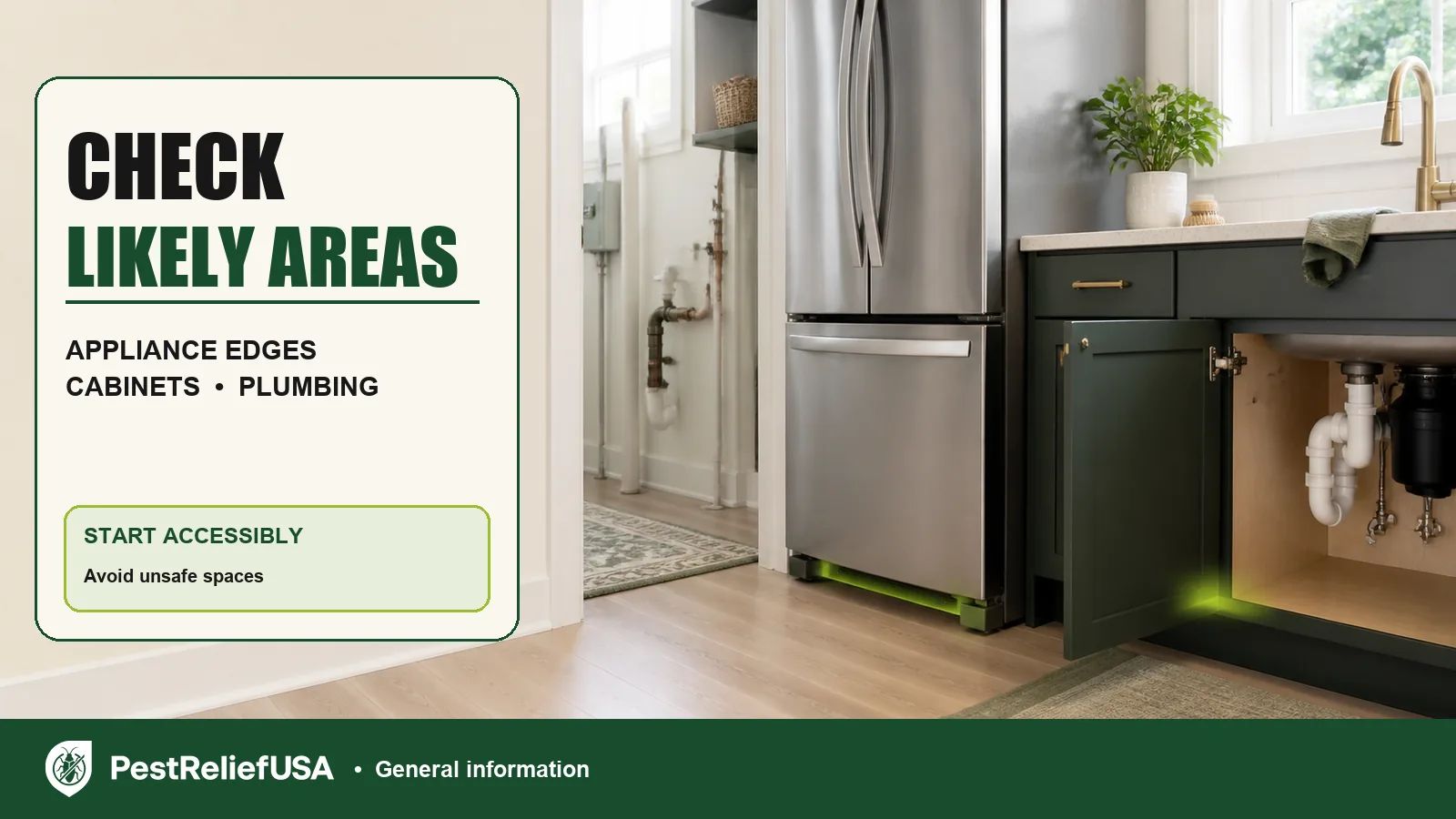 PestReliefUSA editorial card showing appliance edges, cabinets, and plumbing with the text Check Likely Areas