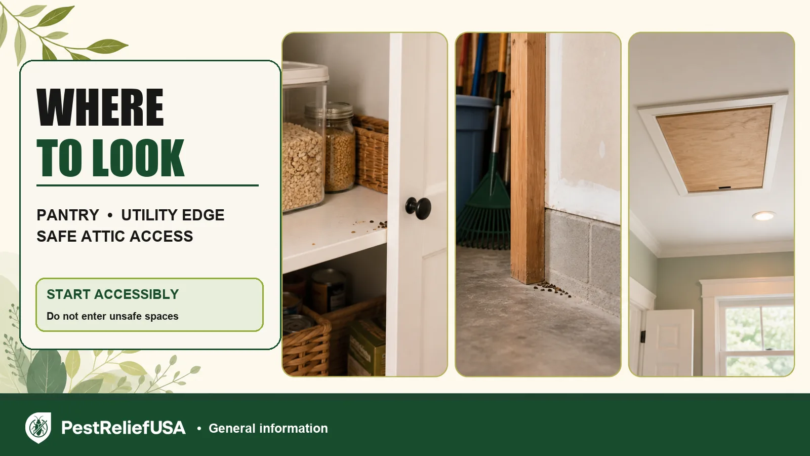 Pantry, utility edge and attic access areas where rodent evidence may appear