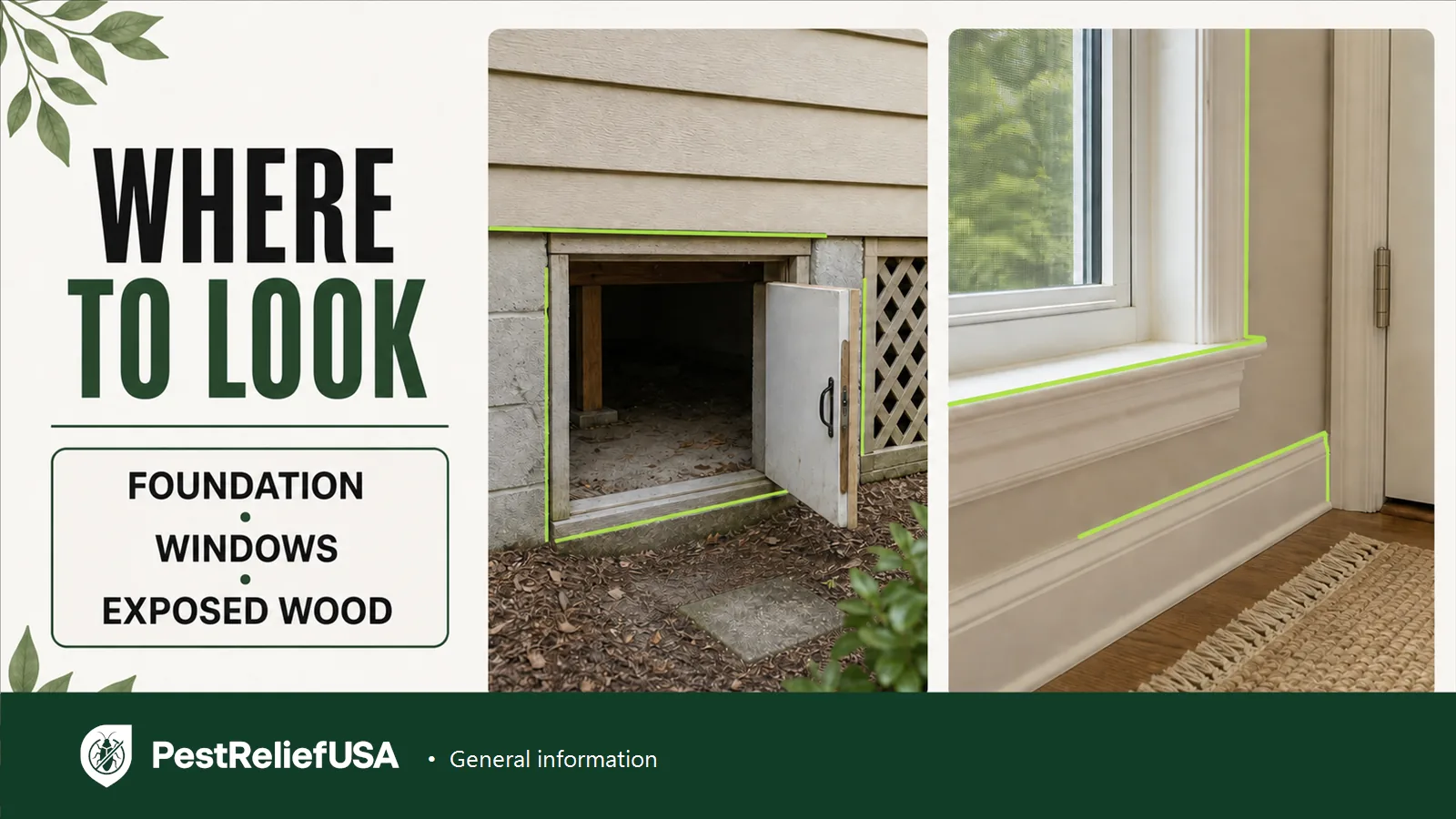 Foundation, crawlspace and window areas where possible termite evidence may appear