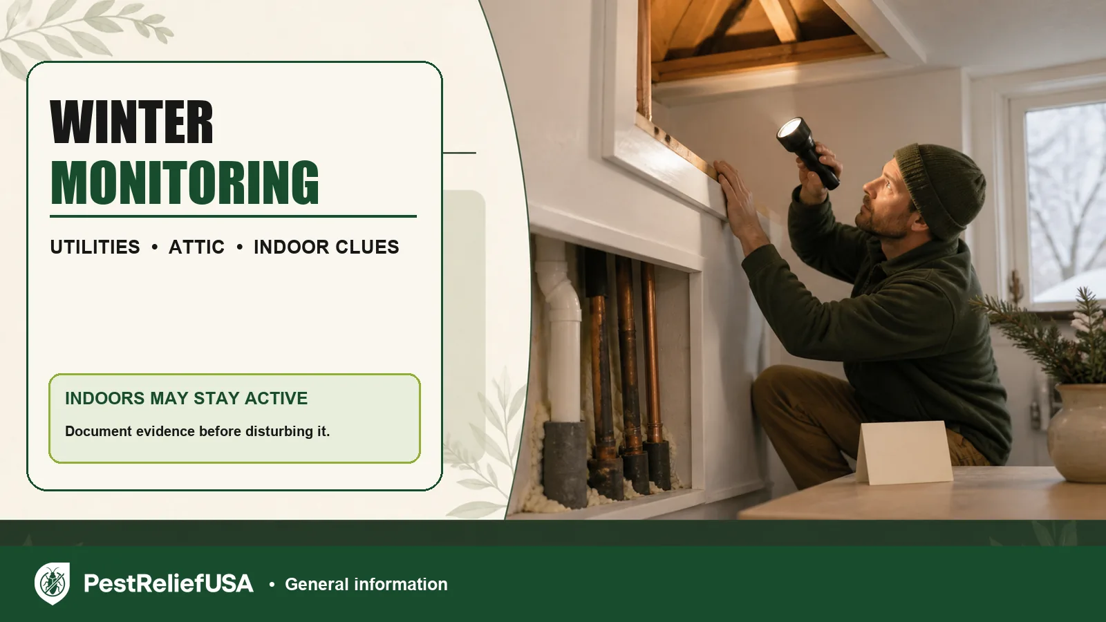 Homeowner monitoring accessible attic and utility areas during winter